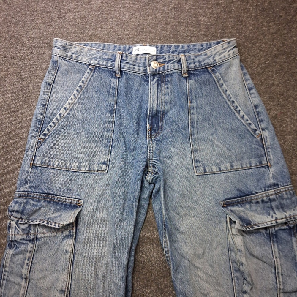 Zara Light Wash Blue Baggy Wide Leg Cargo Jeans Multi Pocket Straps Size 30 / 8 - Picture 12 of 14